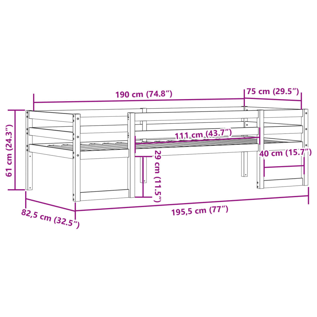 Sengeramme for barn voksbrun 75x190 cm heltre furu