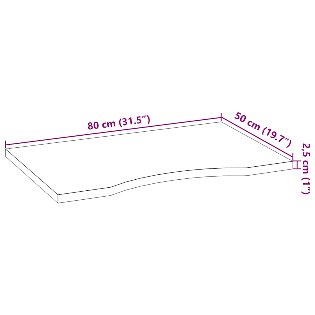Bordplate rektangulær 80x50x2,5 cm ubehandlet heltre eik