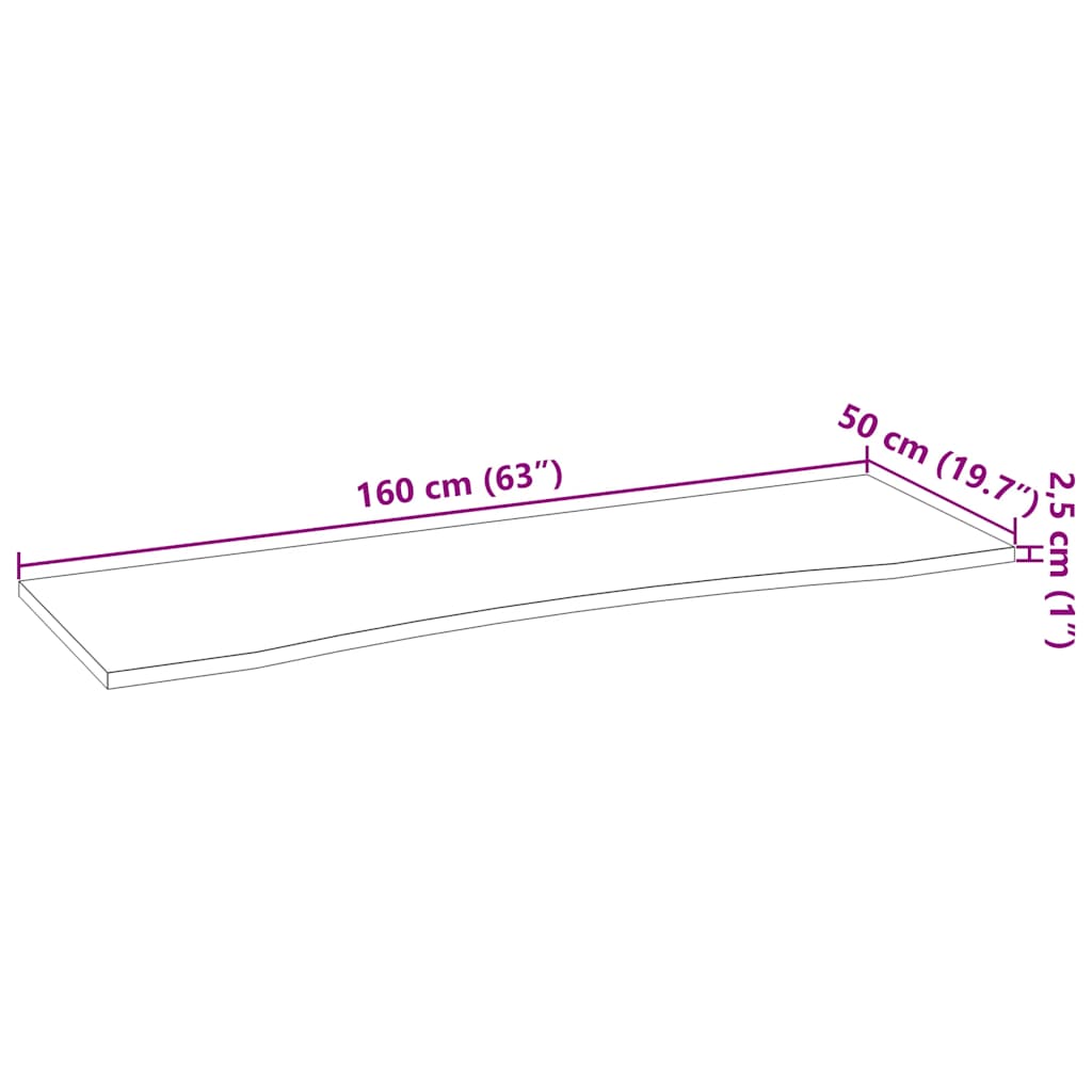Bordplate rektangulær 160x50x2,5 cm ubehandlet heltre eik