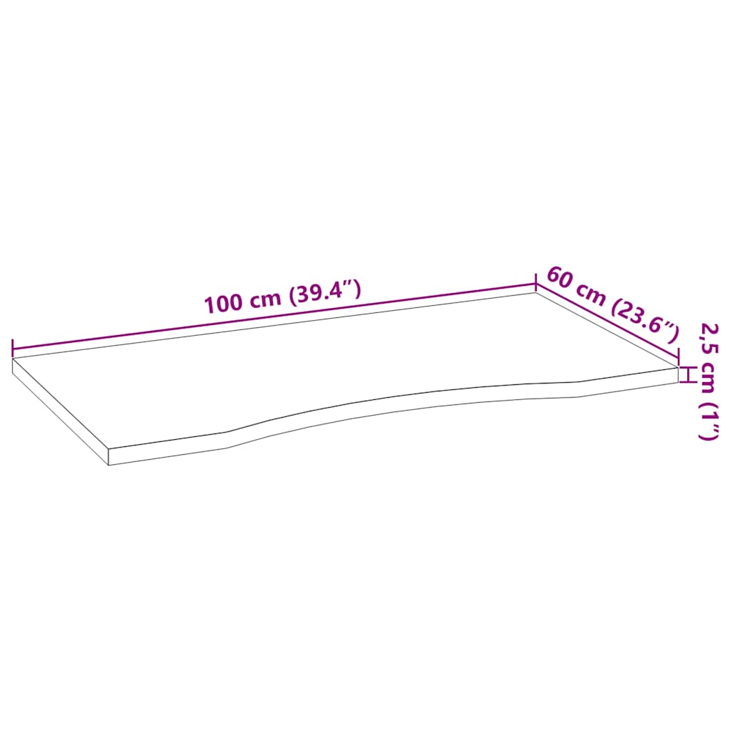 Bordplate rektangulær 100x60x2,5 cm ubehandlet heltre eik