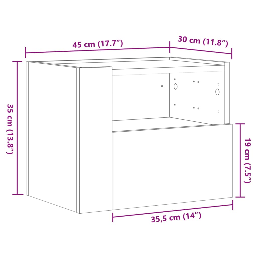 Veggmontert nattbord brun eik 45x30x35 cm
