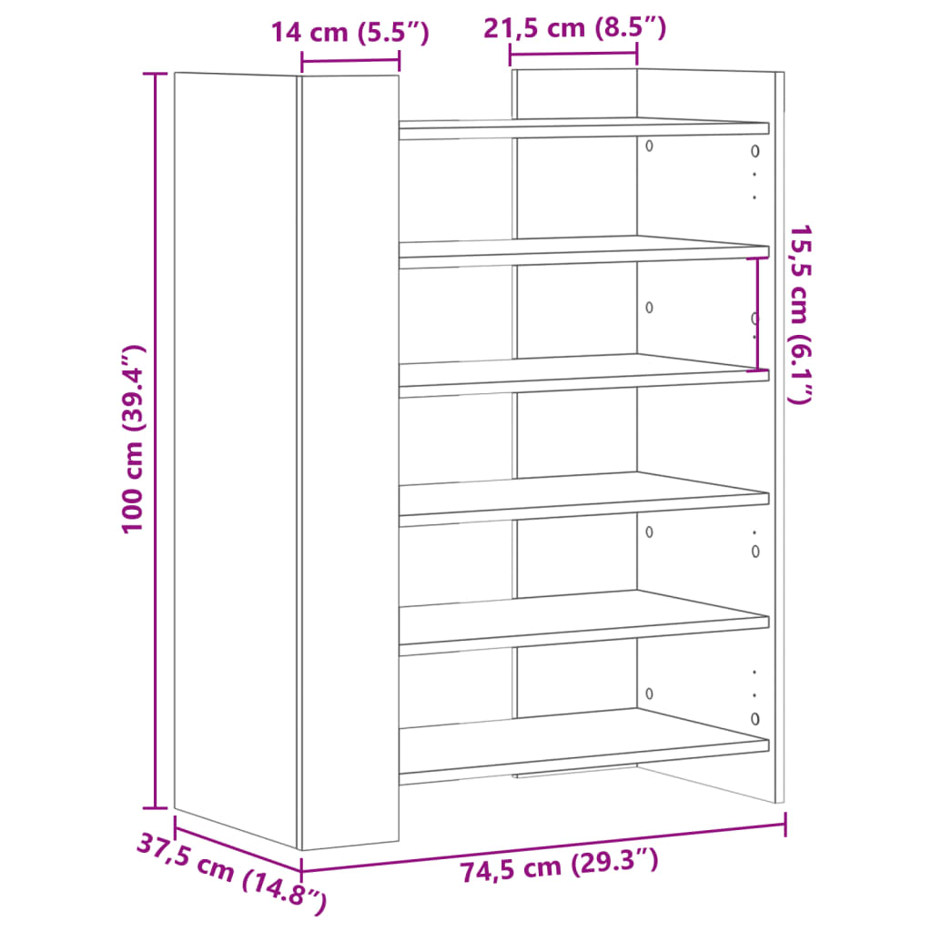 Skohylle hvit 74,5x37,5x100 cm konstruert tre