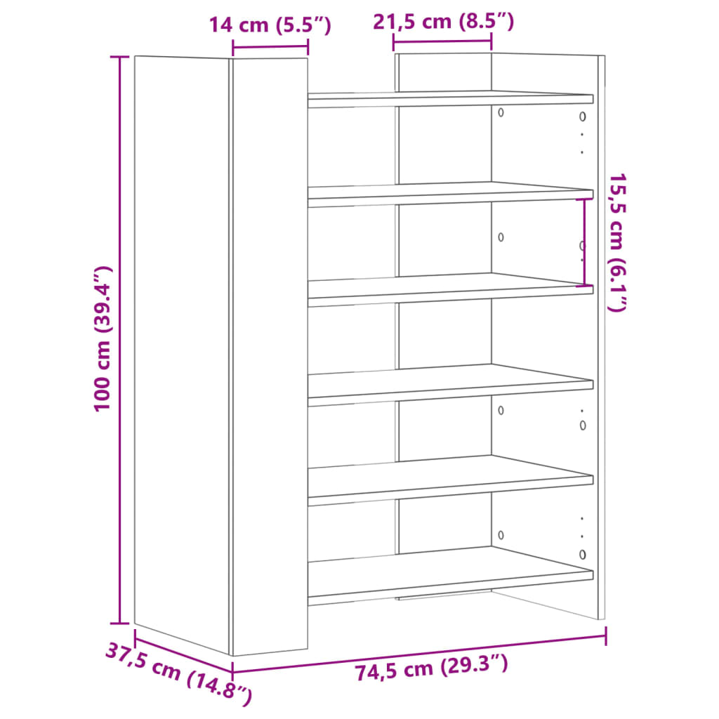 Skohylle sonoma eik 74,5x37,5x100 cm konstruert tre