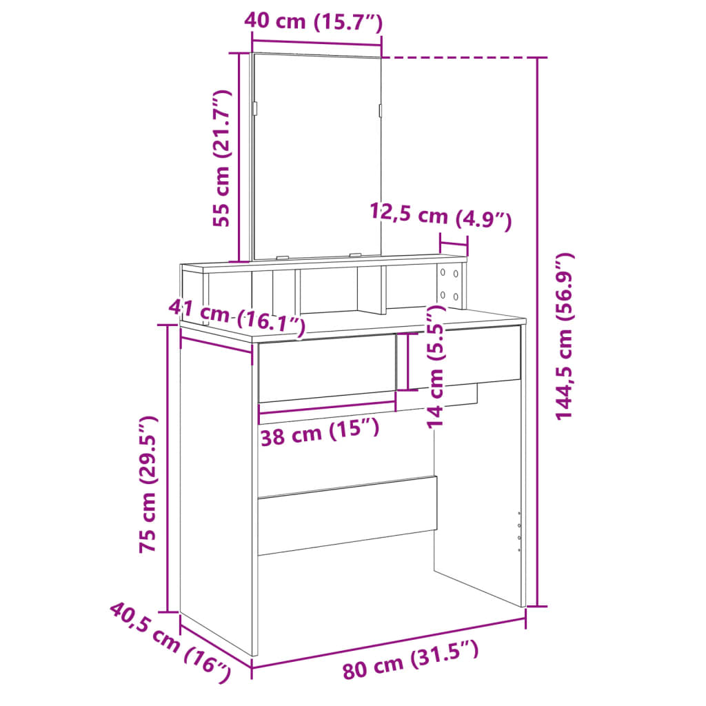 Sminkebord med speil hvit 80x41x144,5 cm