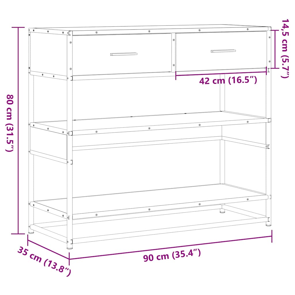 Konsollbord brun eik 90x35x80 cm konstruert tre