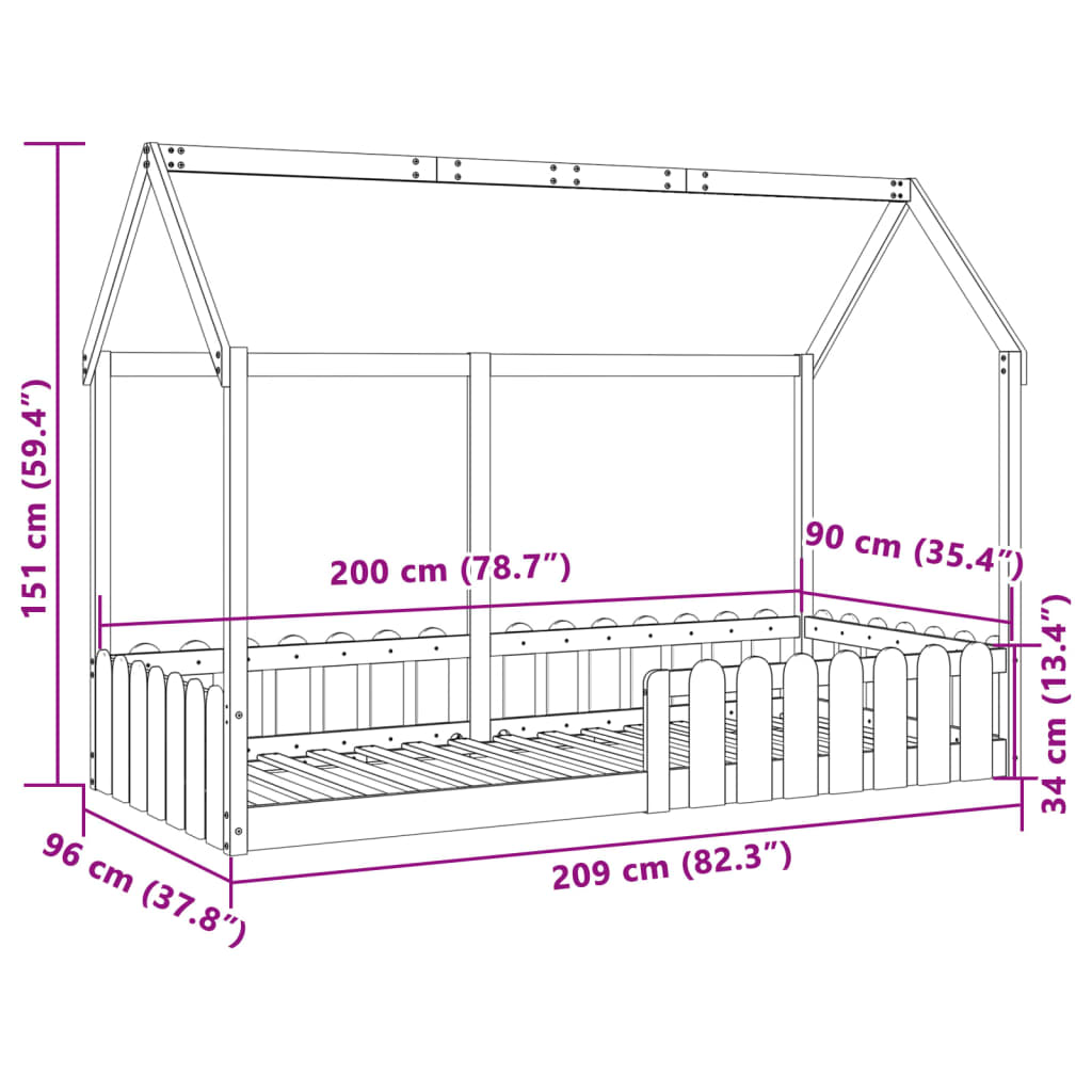 Barnesengeramme hus 90x200 cm heltre furu