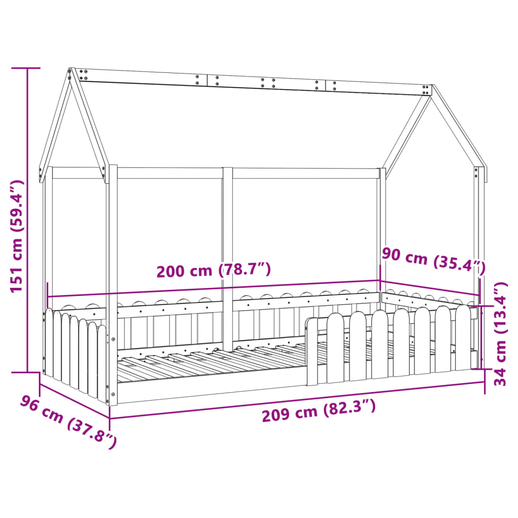 Barnesengeramme hvit 90x200 cm heltre furu