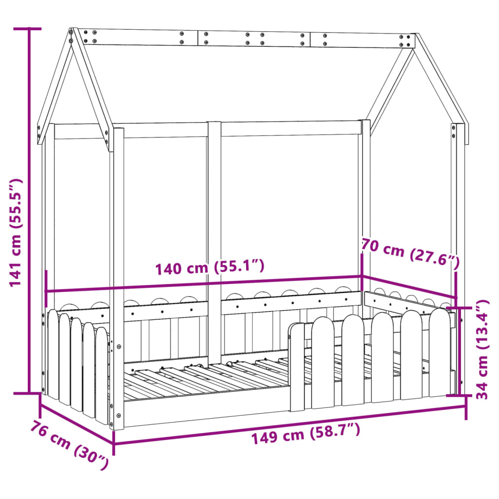 Barnesengeramme hvit 70x140 cm heltre furu