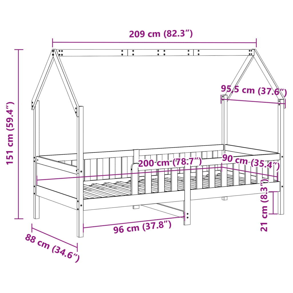 Barnesengeramme hus 90x200 cm heltre furu