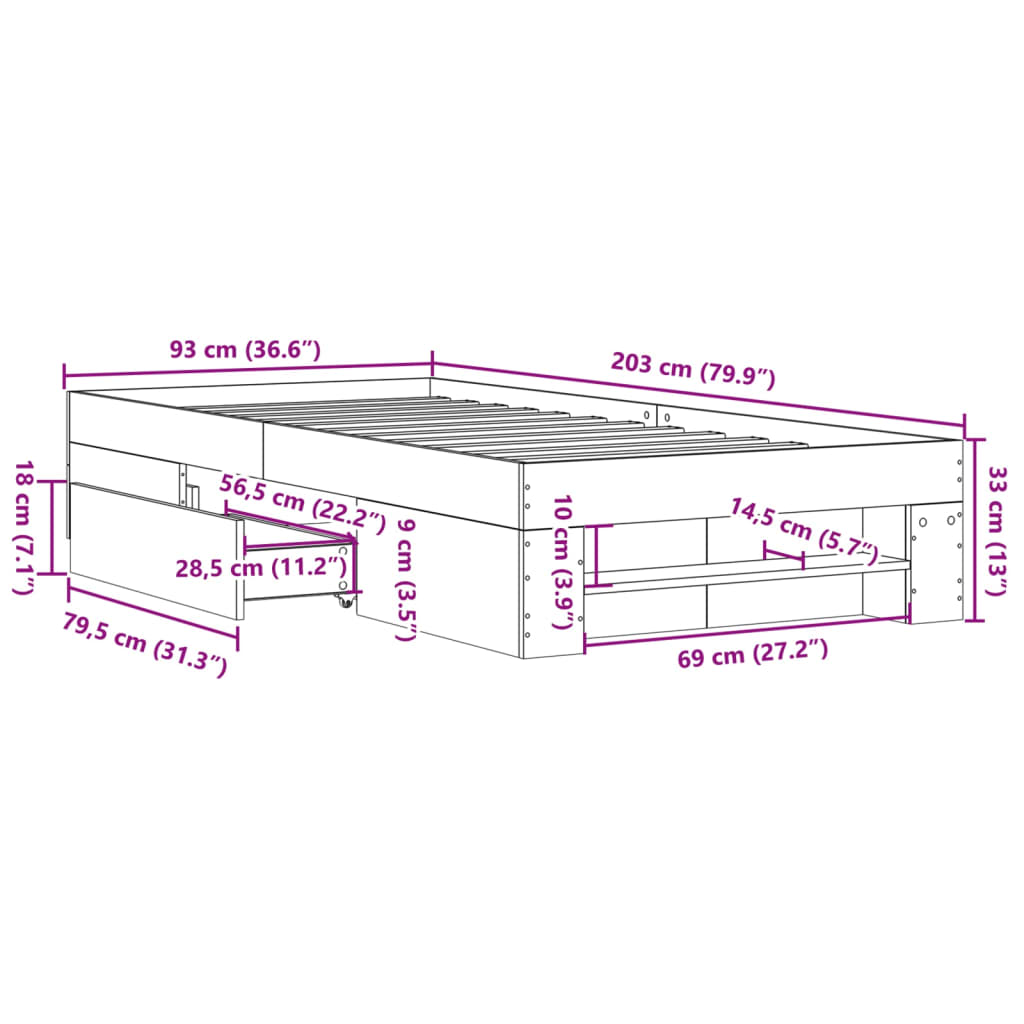 Sengeramme hvit 90x200 cm konstruert tre