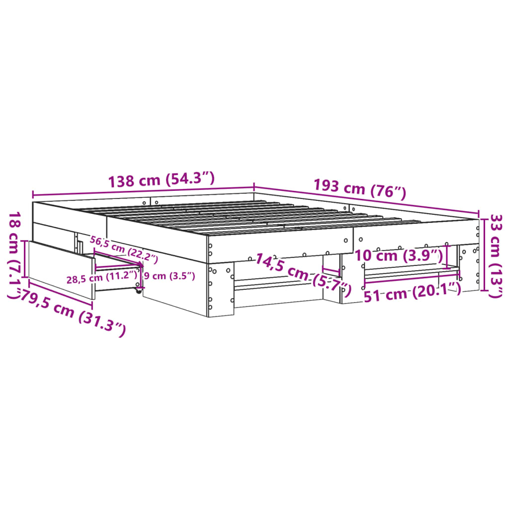 Sengeramme betonggrå 135x190 cm konstruert tre