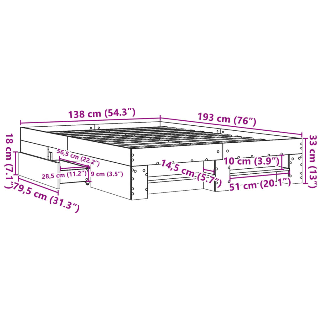 Sengeramme brun eik 135x190 cm konstruert tre