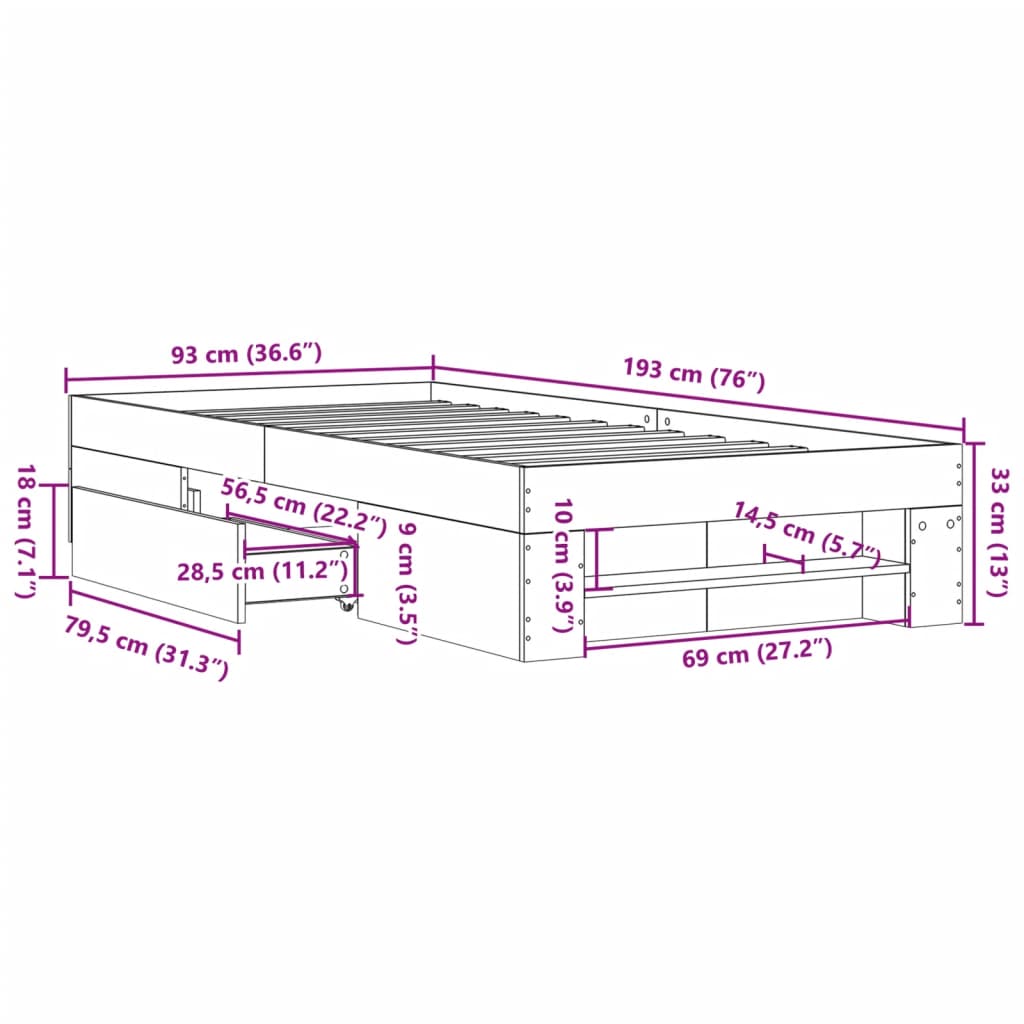 Sengeramme hvit 90x190 cm konstruert tre
