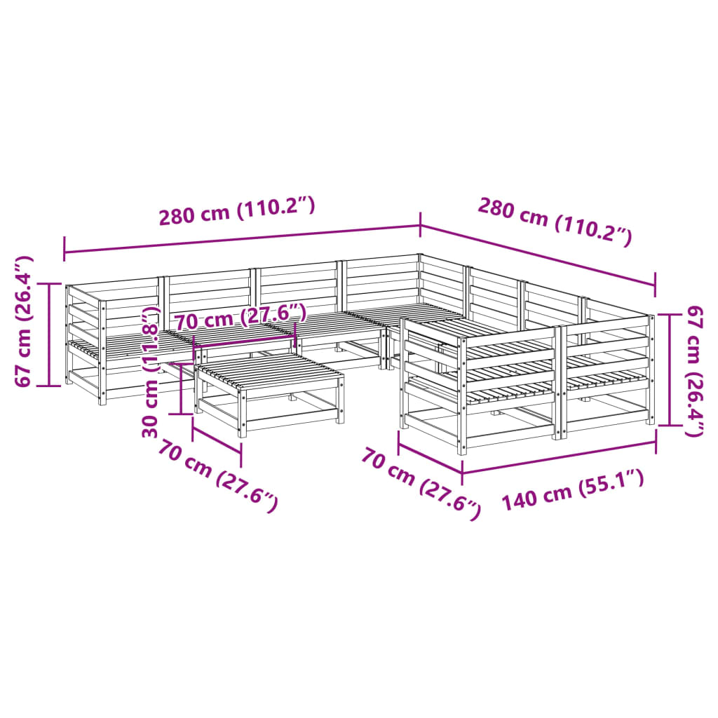 Hagesofasett 9 deler hvit heltre furu