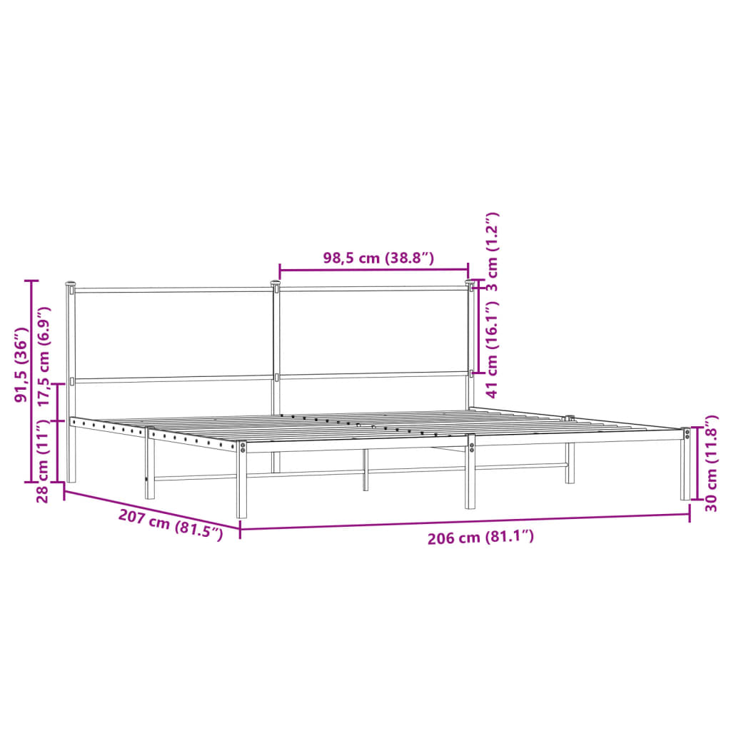 Sengeramme i metall uten madrass brun eik 200x200 cm