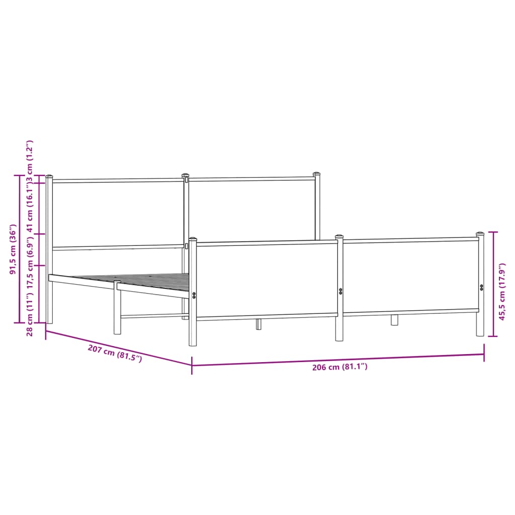 Sengeramme i metall uten madrass brun eik 200x200 cm