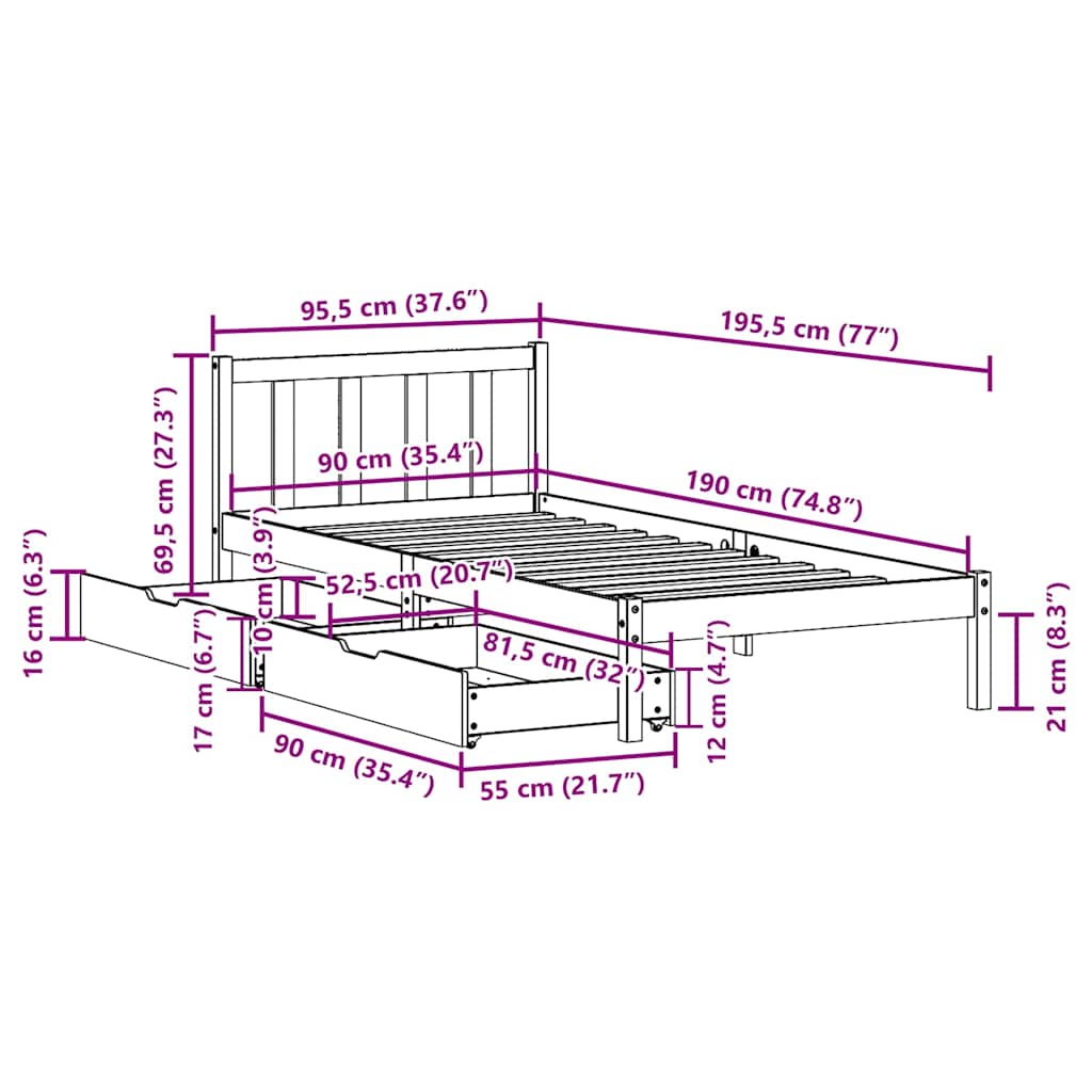 Sengeramme uten madrass 90x190 cm heltre furu