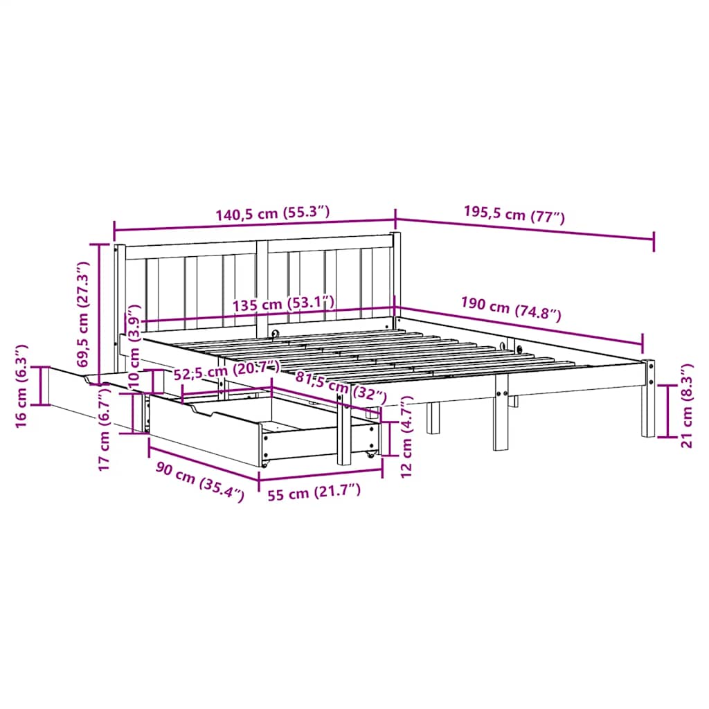 Sengeramme uten madrass hvit 135x190 cm heltre furu