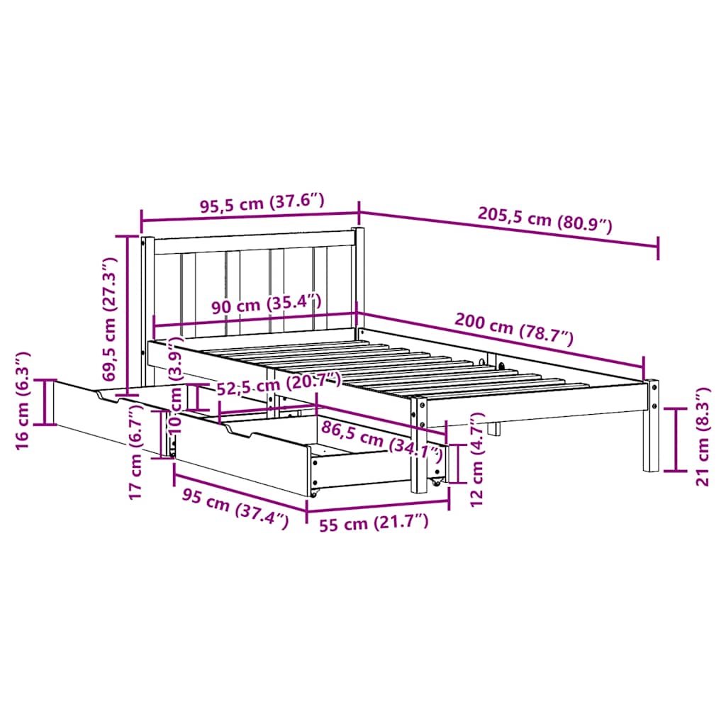 Sengeramme uten madrass 90x200 cm heltre furu