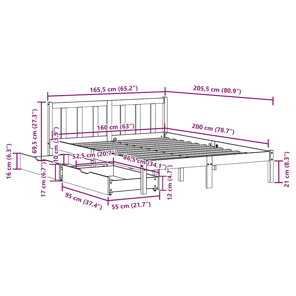 Sengeramme uten madrass hvit 160x200 cm heltre furu