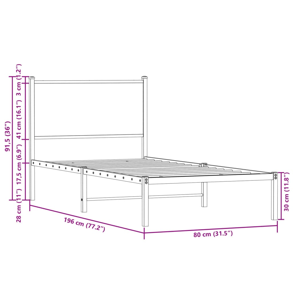 Sengeramme i metall uten madrass brun eik 75x190 cm