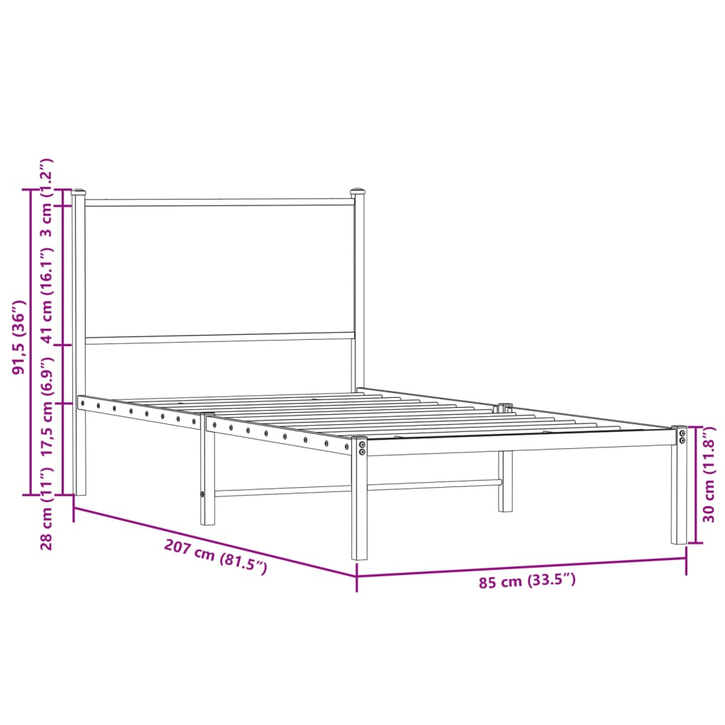 Sengeramme i metall uten madrass brun eik 80x200 cm