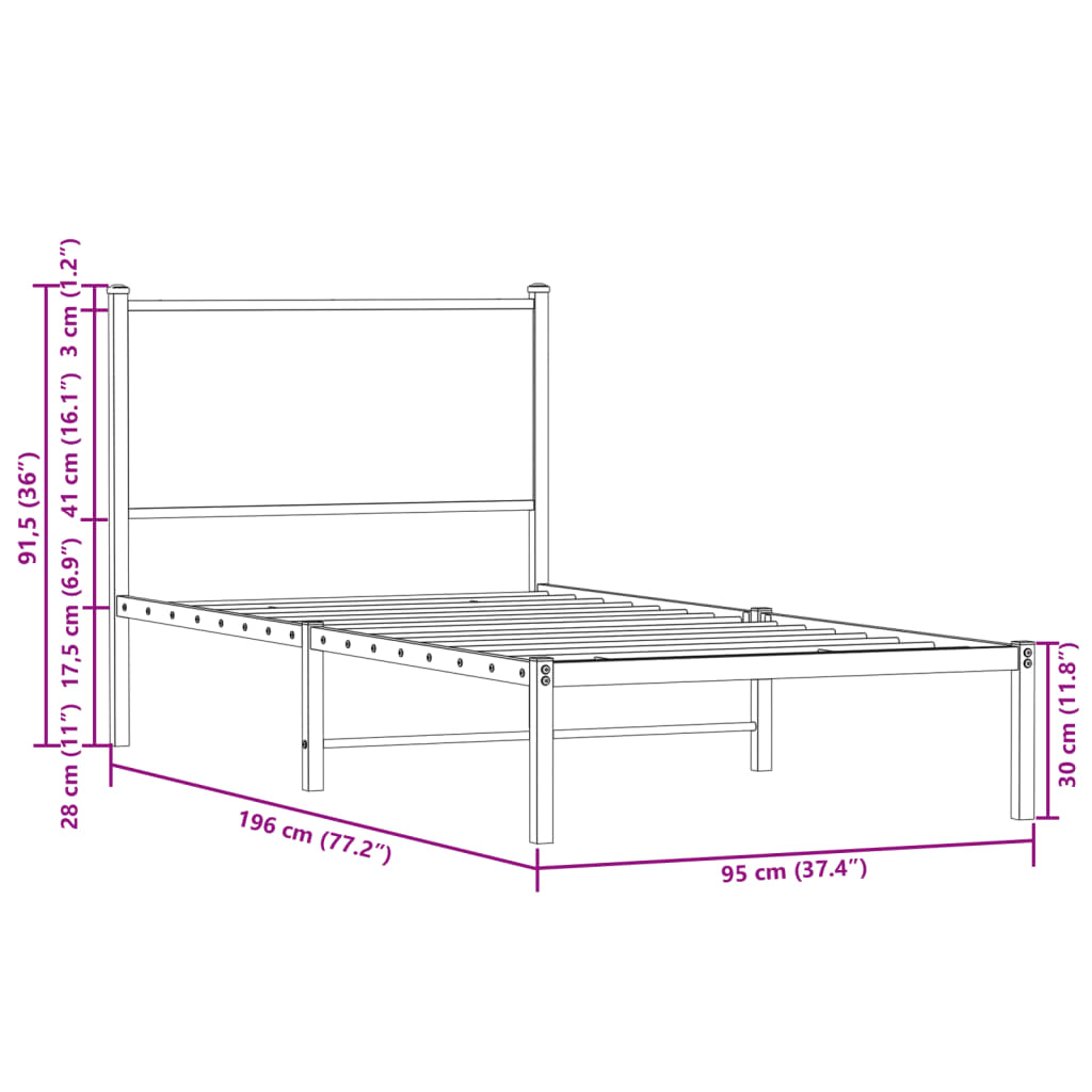 Sengeramme i metall uten madrass brun eik 90x190 cm