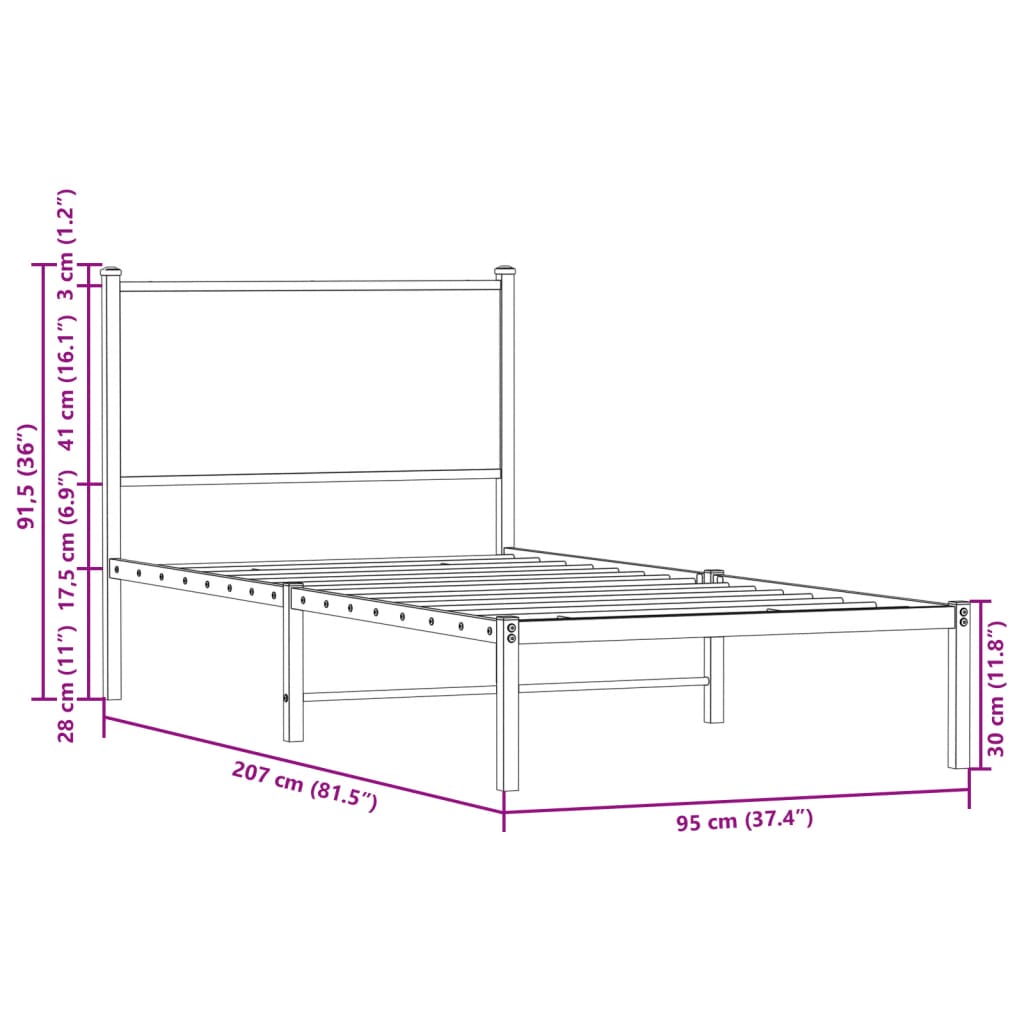 Sengeramme i metall uten madrass brun eik 90x200 cm