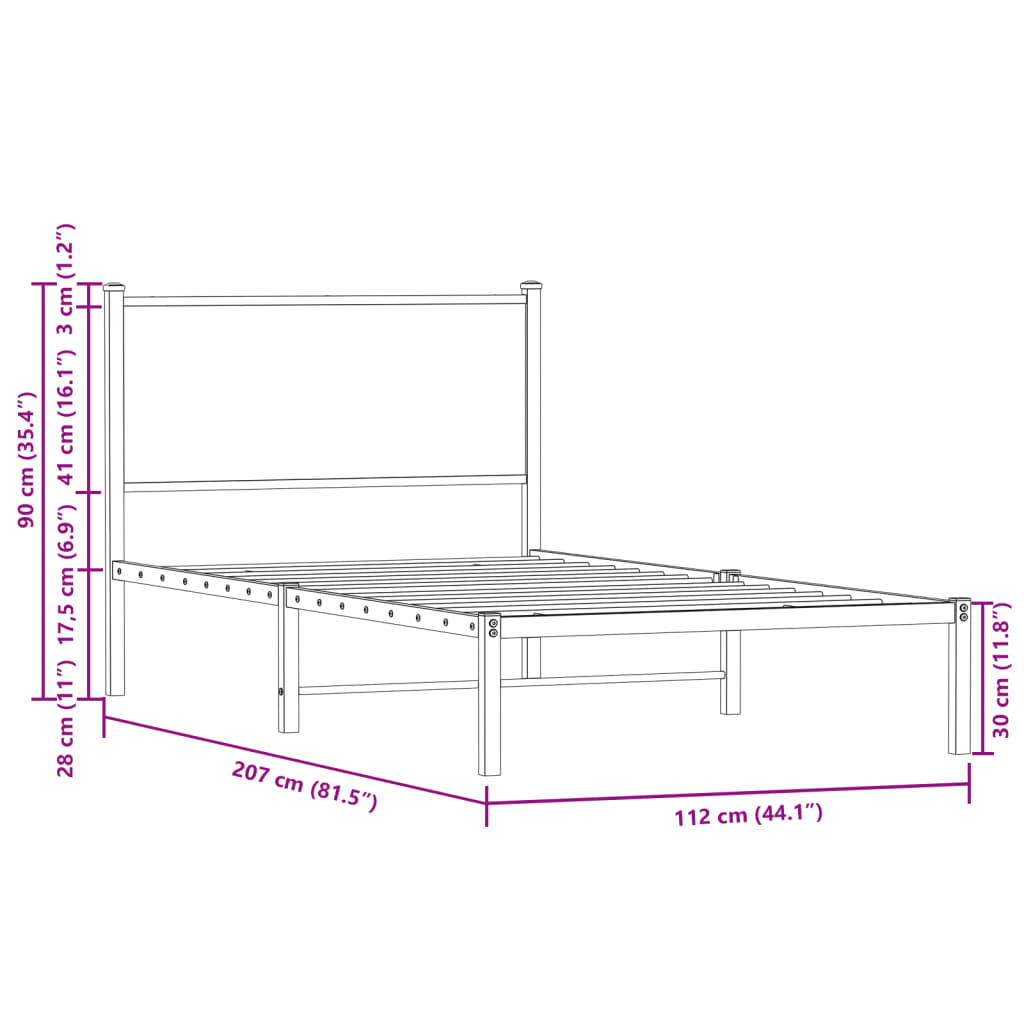 Sengeramme i metall uten madrass brun eik 107x203 cm