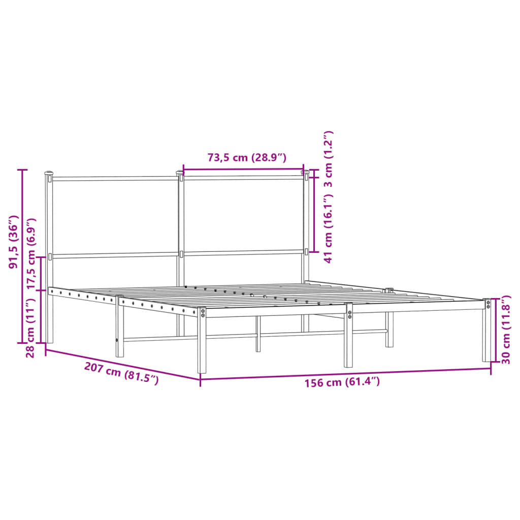 Sengeramme i metall uten madrass brun eik 150x200 cm