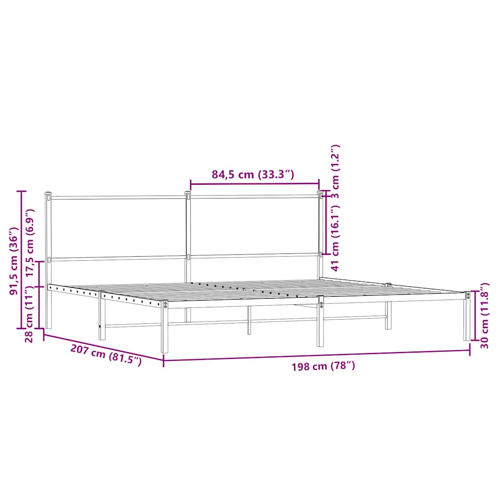 Sengeramme i metall uten madrass brun eik 193x203 cm