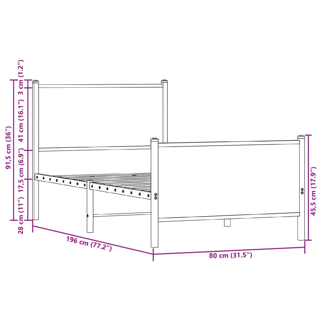 Sengeramme i metall uten madrass brun eik 75x190 cm
