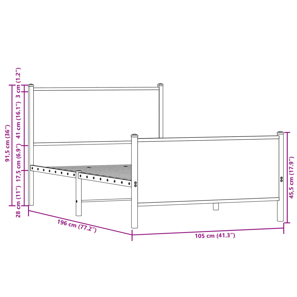Sengeramme i metall uten madrass brun eik 100x190 cm