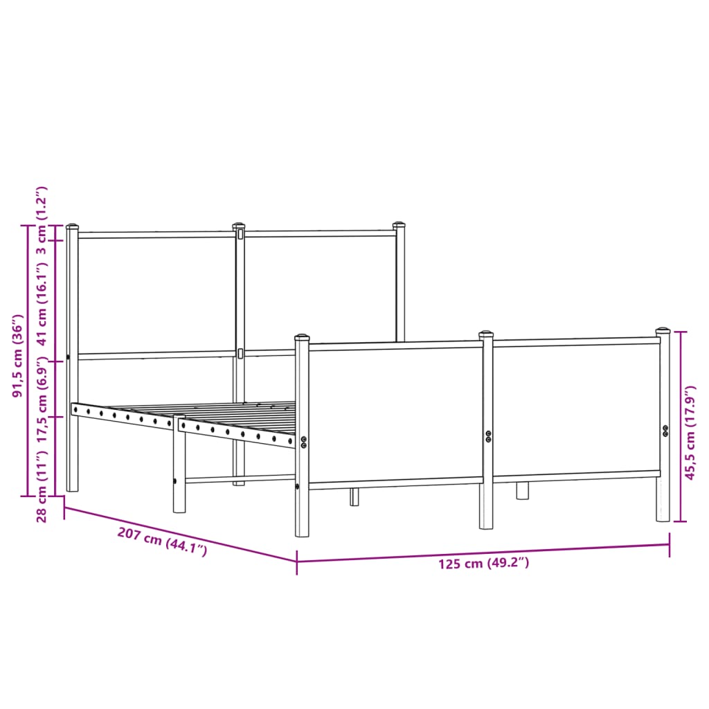 Sengeramme i metall uten madrass brun eik 120x200 cm