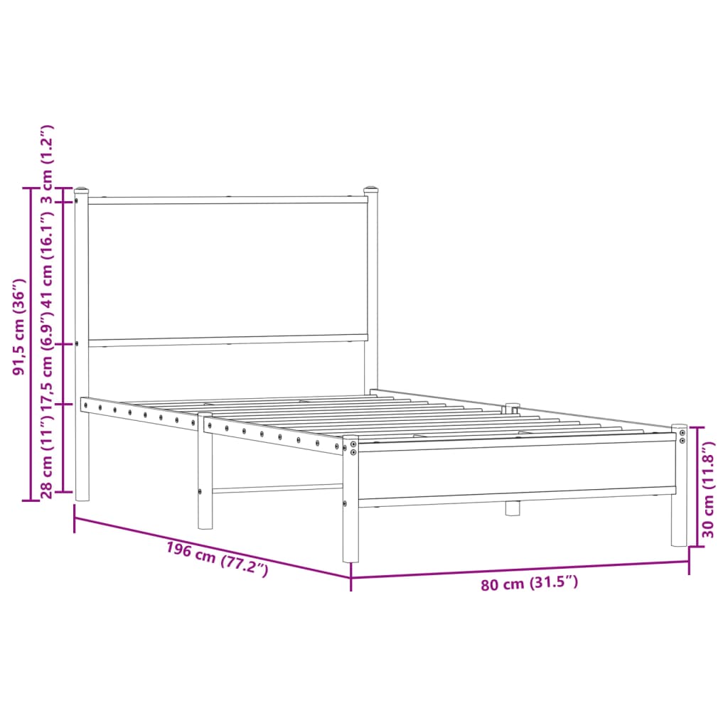 Sengeramme i metall uten madrass brun eik 75x190 cm