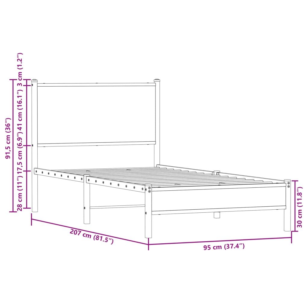Sengeramme i metall uten madrass brun eik 90x200 cm