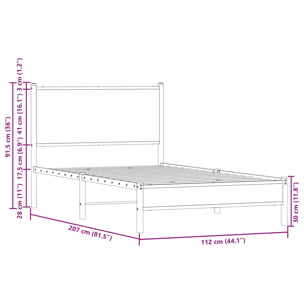 Sengeramme i metall uten madrass brun eik 107x203 cm