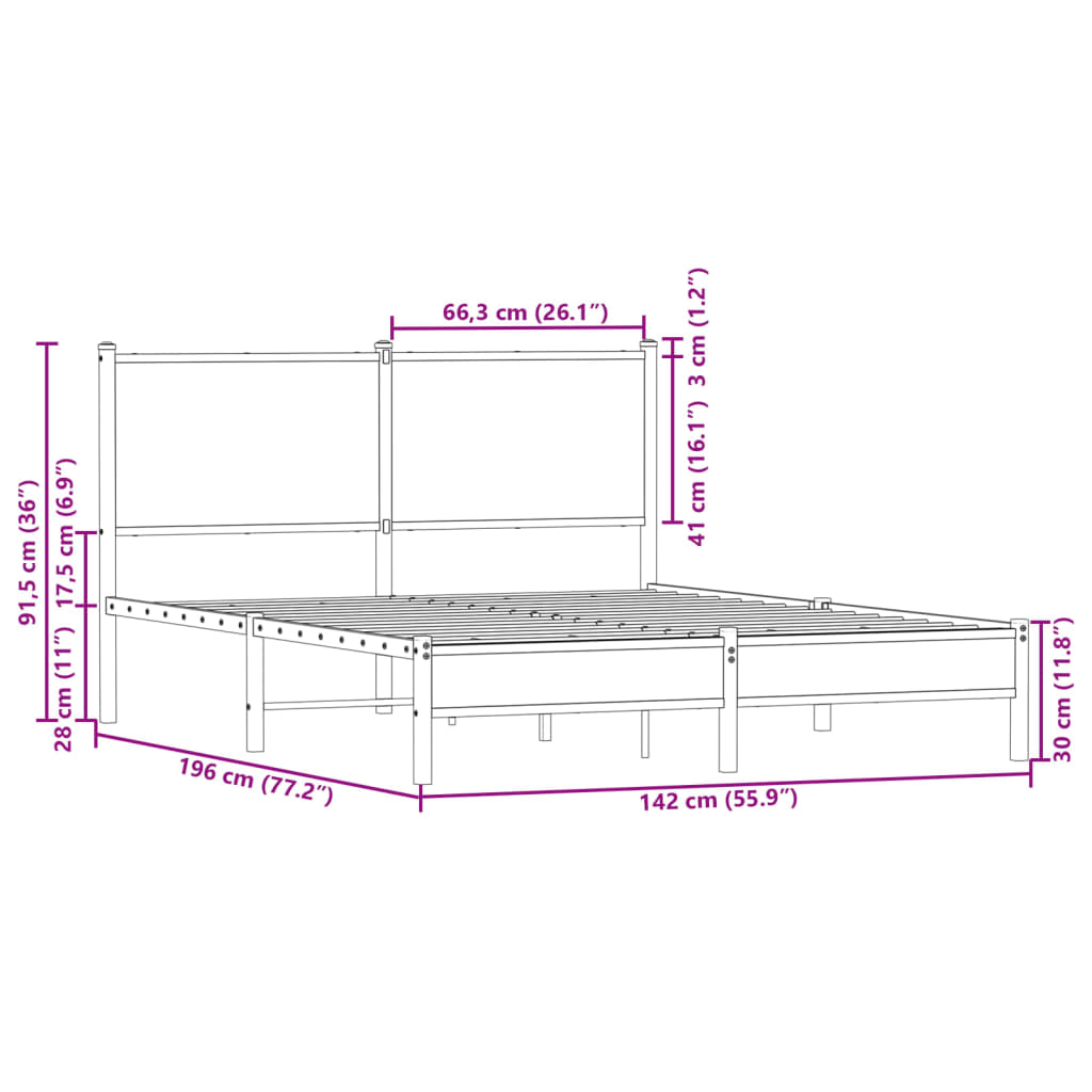 Sengeramme i metall uten madrass brun eik 137x190 cm