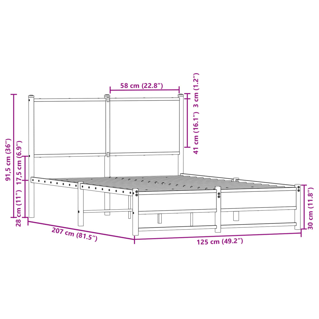 Sengeramme i metall uten madrass brun eik 120x200 cm