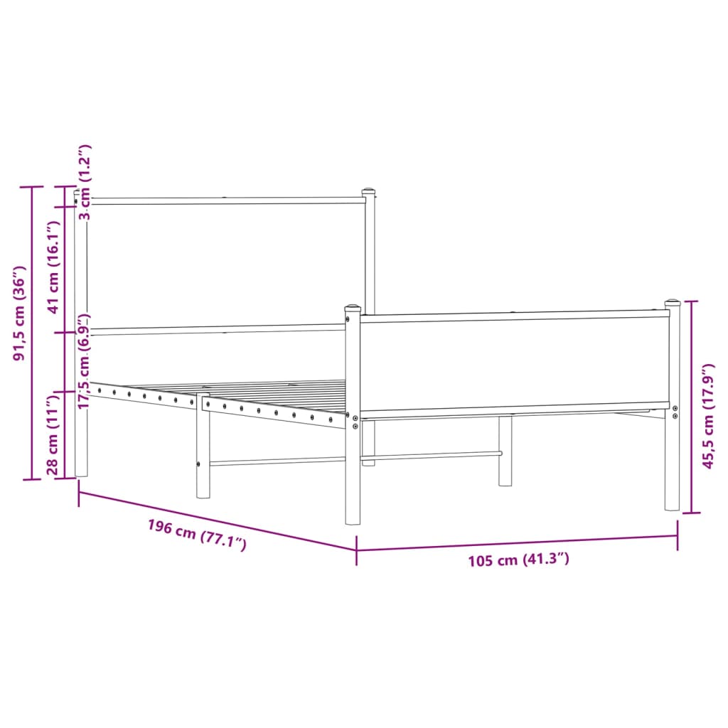 Sengeramme i metall uten madrass brun eik 100x190 cm