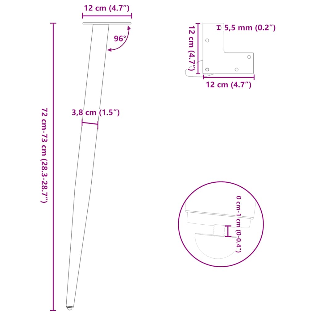 Konsollbordben konisk form 4 stk hvit 72-73 cm stål