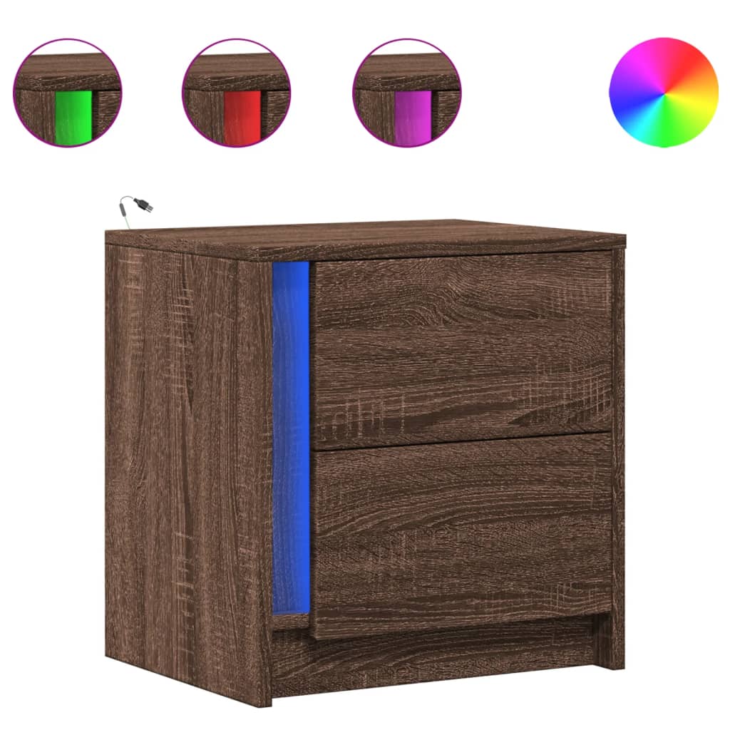 Nattbord med LED brun eik konstruert tre