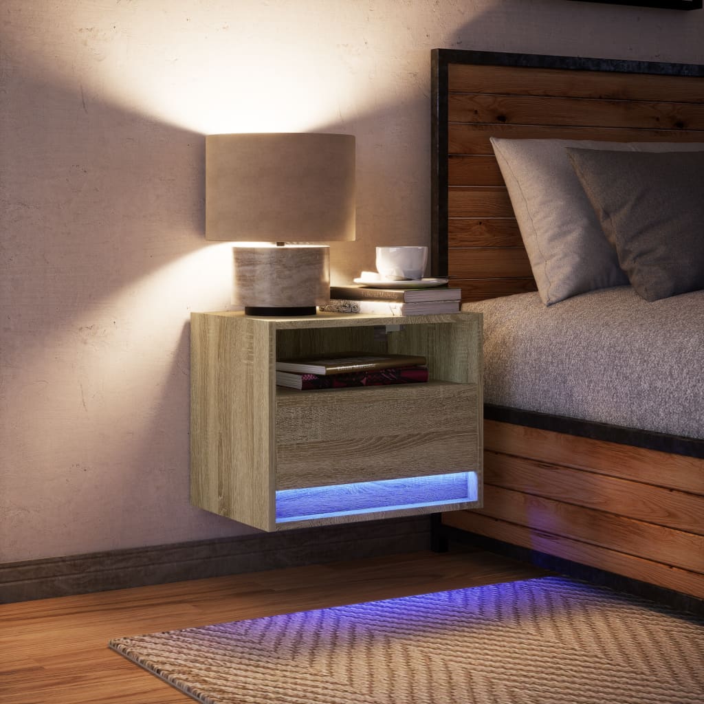 Vegghengt nattbord med LED-lys sonoma eik