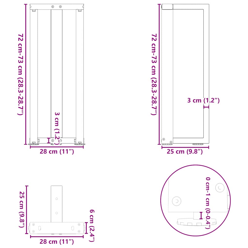 Konsollbordben T-formet 2 stk svart 25x28x(72-73) cm stål