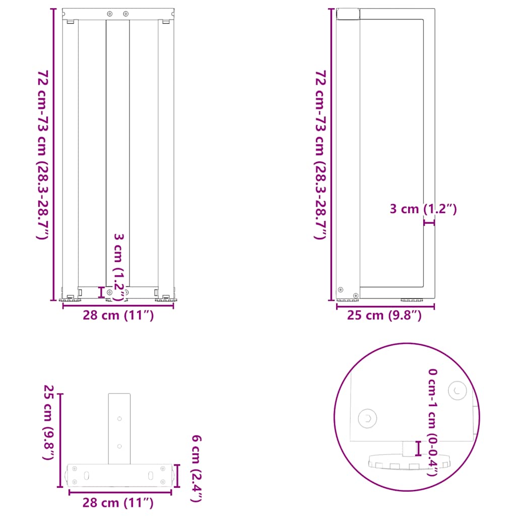 Konsollbordben T-formet 2 stk naturell 25x28x(72-73) cm stål