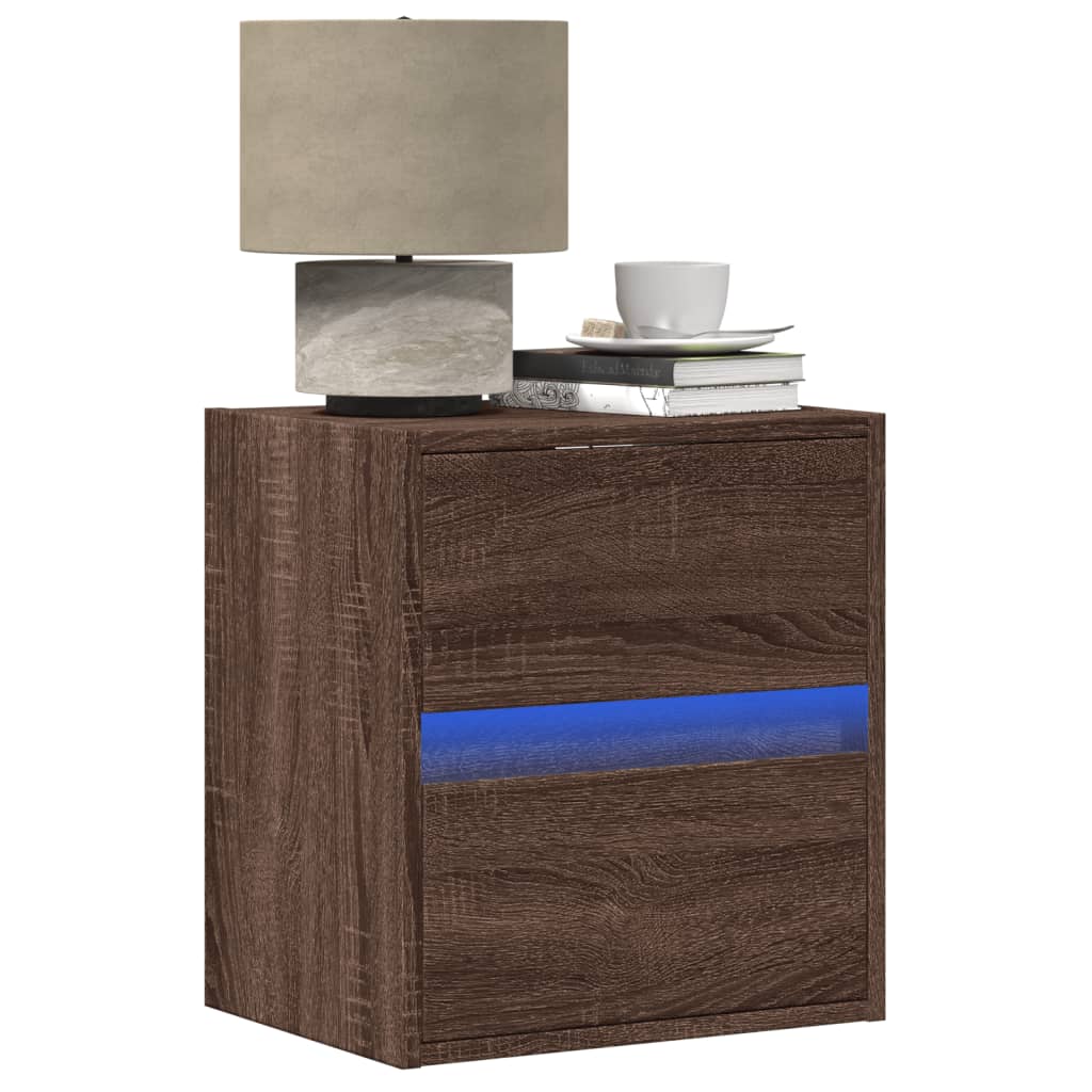 Vegghengt nattbord med LED-lys 2 stk brun eik