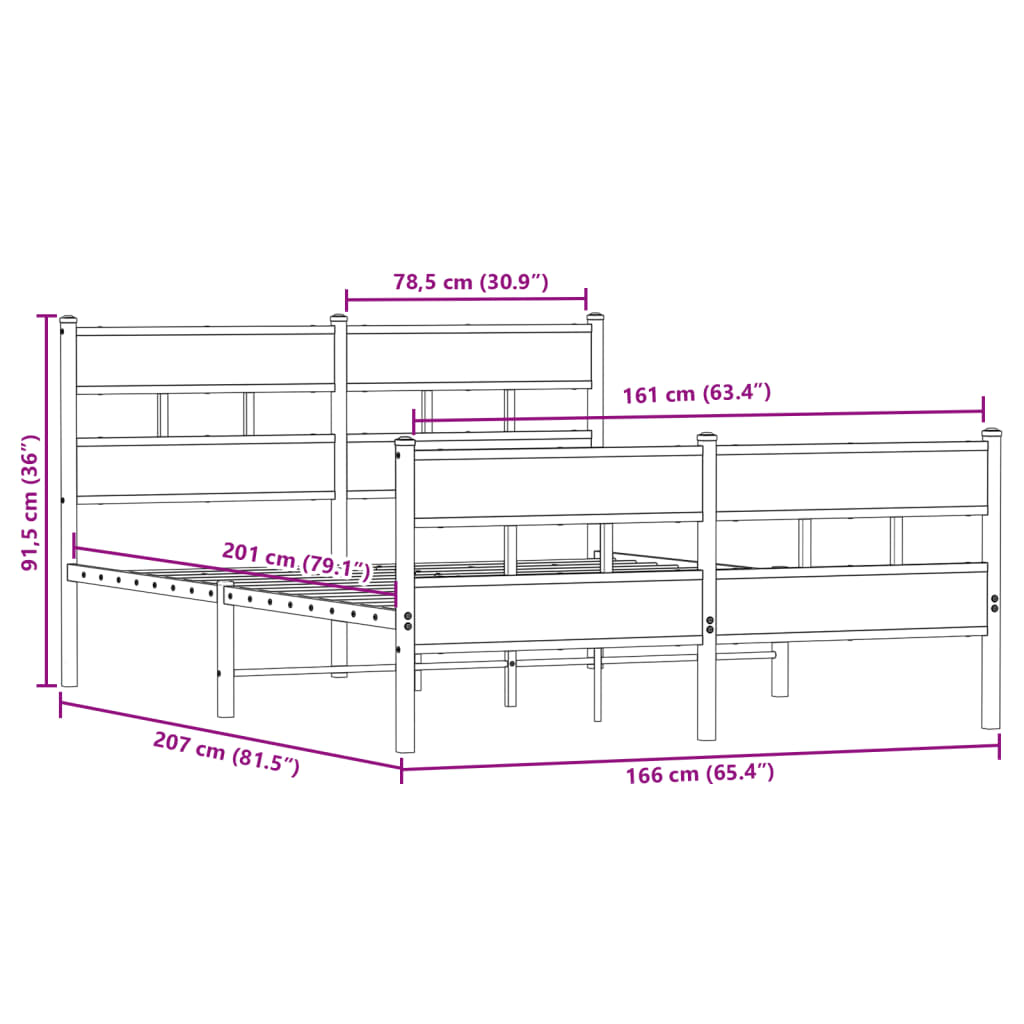 Sengeramme i metall uten madrass røkt eik 160x200 cm