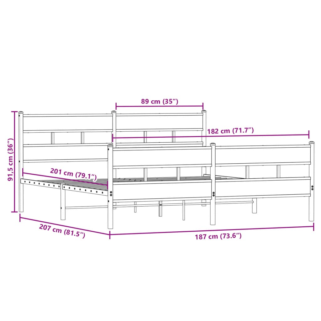 Sengeramme i metall uten madrass røkt eik 180x200 cm