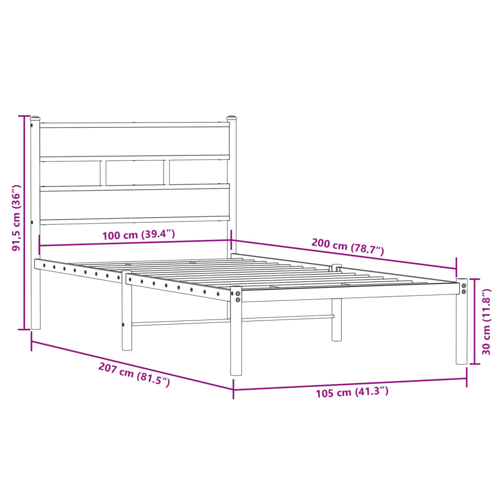 Sengeramme i metall uten madrass røkt eik 100x200 cm
