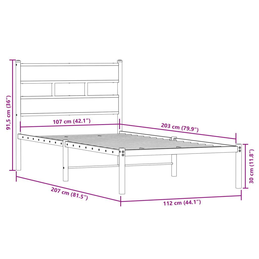 Sengeramme i metall uten madrass røkt eik 107x203 cm